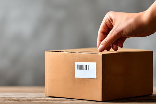 A hand is placing a barcode on a cardboard box photo