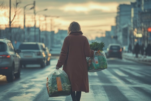 A woman walking down the street with groceries photo