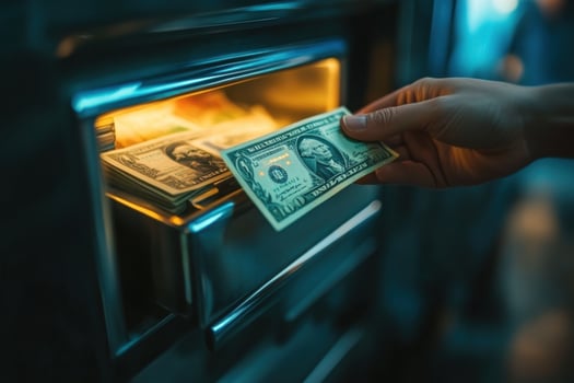 Man's hand taking money from an atm machine photo