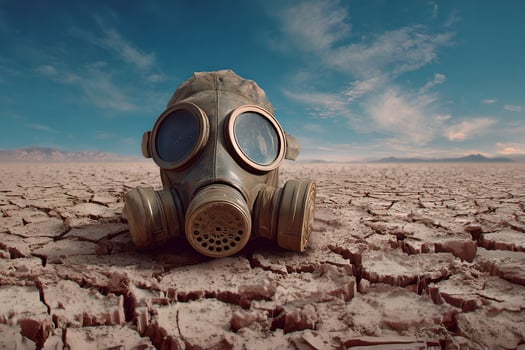 A gas mask sits on the ground in a desert photo