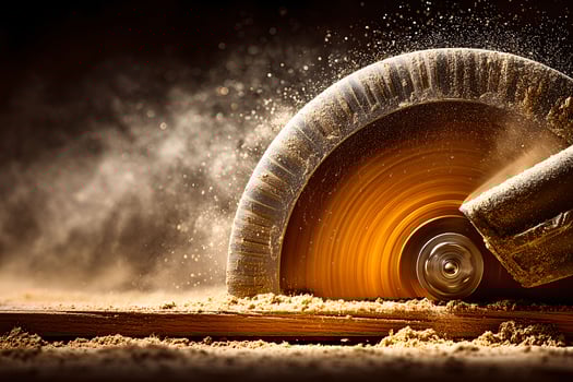 A circular saw is cutting wood on a wooden floor photo
