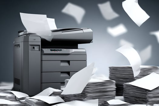 A printer is surrounded by paper and flying documents photo