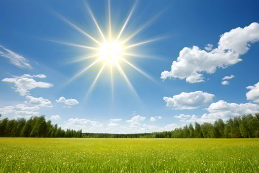 The sun shines over a green field with trees photo