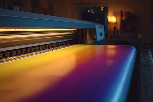 A large printer is printing a colorful piece of fabric photo