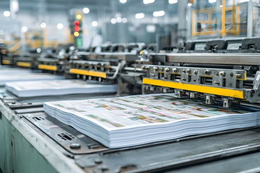 A machine is working on a large stack of paper photo