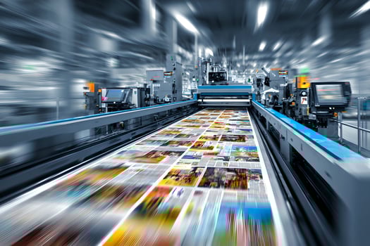 A machine is moving through a factory with magazines photo