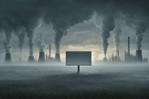 A sign in the middle of a field with smoke coming out of the chimneys photo