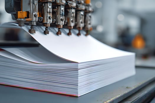 A machine is cutting open a stack of paper photo