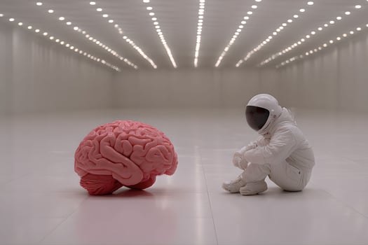 A man in a white suit sitting next to a large brain photo