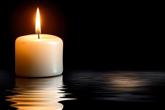 Candle with burning light on water background photo