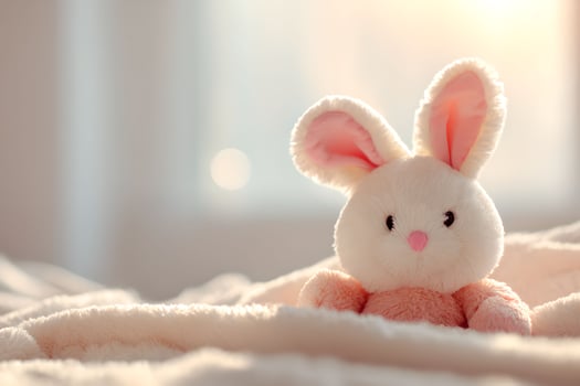 A stuffed rabbit is sitting on a bed photo
