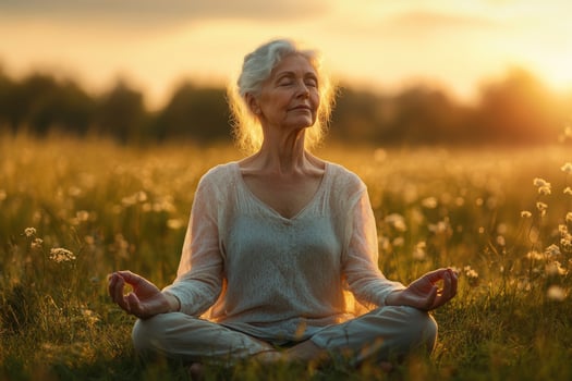 An older woman meditating in a field at sunset photo