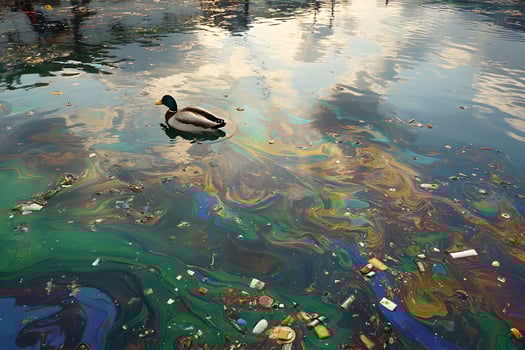 A duck is floating in a polluted lake photo