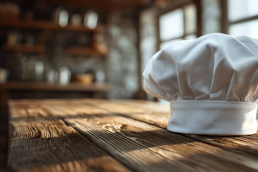 A chef hat sits on top of a wooden table photo