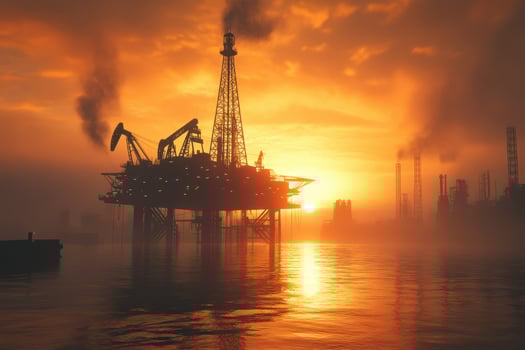 Oil rig in the sunset with smoke coming out of the water photo