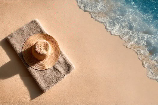 A hat and towel on the beach near the ocean photo