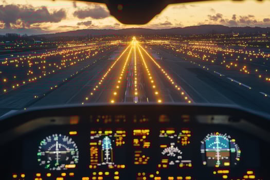 The cockpit of an airplane at sunset photo