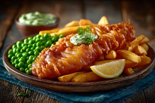Delicious Fish and Chips Platter with Peas with Tartar Sauce, and Lemon on Wood. photo