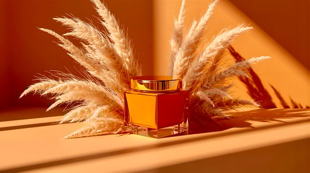 An orange perfume bottle sitting on a table with some tall grass photo