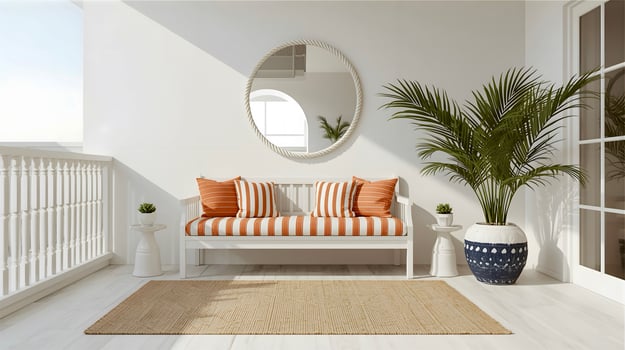 A white porch with a white bench and a potted plant photo
