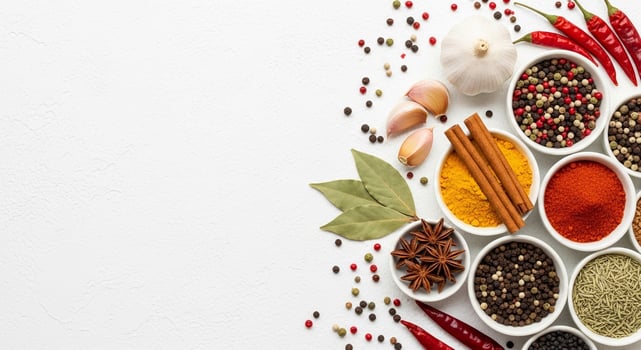 Assortment of whole and ground spices in white bowls photo