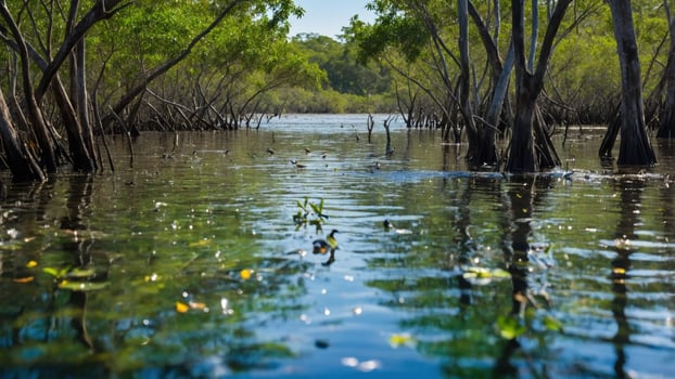 Serene mangrove landscape reflecting sunlight on calm waters with lush greenery and wildlife photo