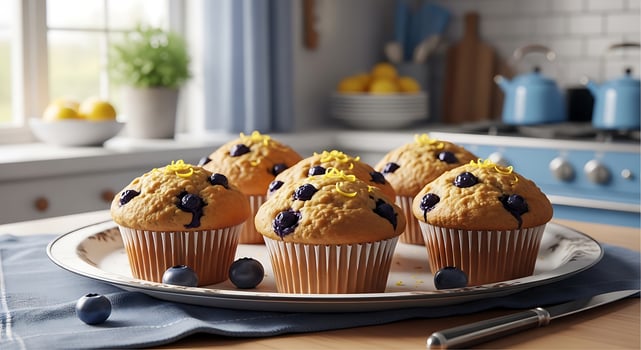 Blueberry Muffins with Lemon Zest on Plate in Kitchen photo