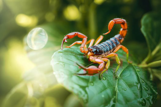 Orange scorpion on a green leaf in sunlight photo