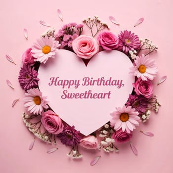 Heart shaped floral arrangement with happy birthday sweetheart message photo