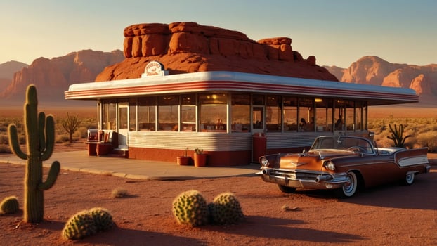A diner in the desert with a car parked in front photo