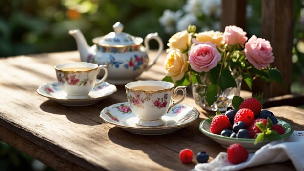 A table with two cups of tea and a bowl of berries photo