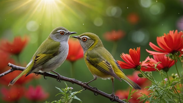 Two birds sitting on a branch with flowers in the background photo