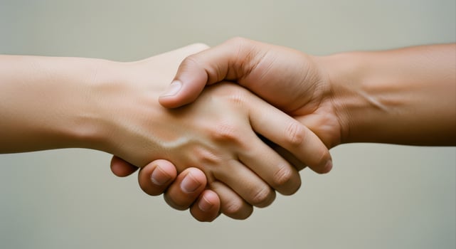 Two hands clasped together in a firm handshake, symbolizing agreement and connection. photo