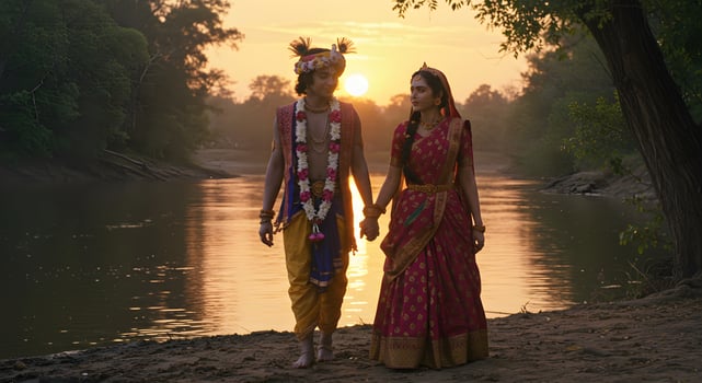 Couple Walking by River at Sunset photo