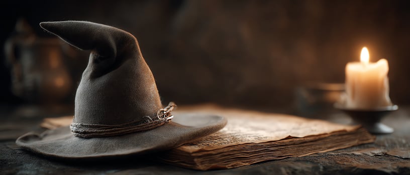 A mysterious wizard hat on ancient parchment. photo
