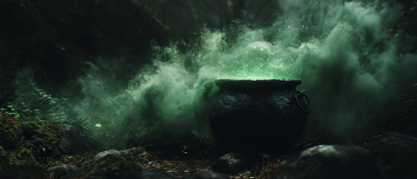 Mystical cauldron with swirling green mist. photo