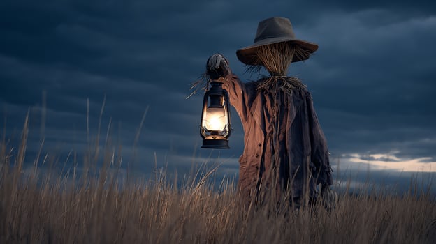 Scarecrow with lantern in a twilight field. photo