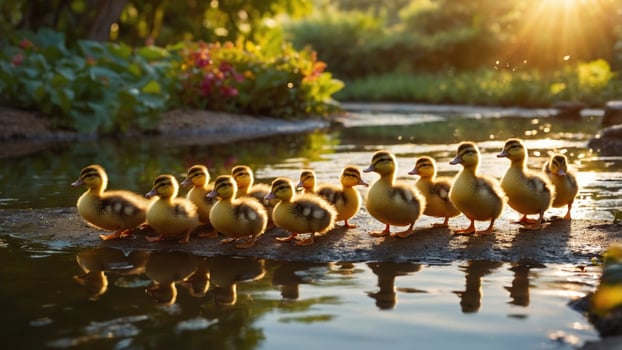 A line of adorable ducklings walking along the edge of a serene pond during sunset, surrounded by lush greenery photo