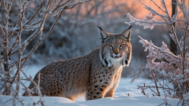 Majestic lynx in a snowy landscape surrounded by frosted trees at sunrise, showcasing wildlife beauty photo