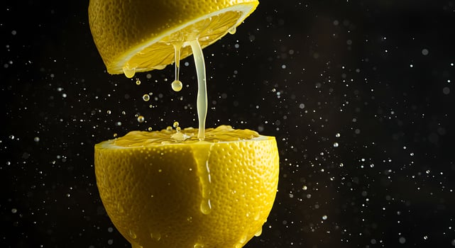 Squeezing Fresh Lemon Juice with Splashes on Dark Backdrop photo