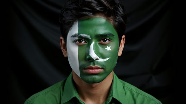 A young man with his face painted in the colors of the pakistan flag photo