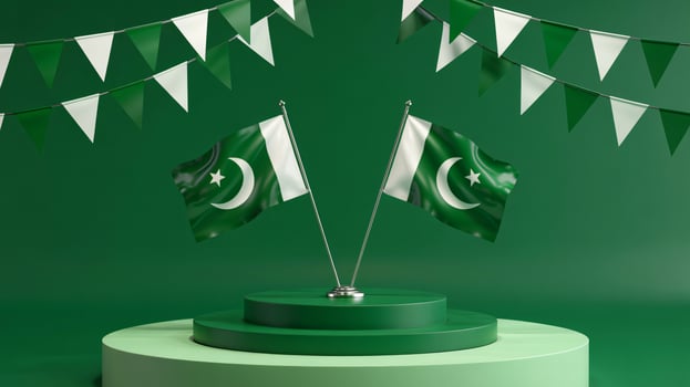 Pakistan flag on a pedestal with flags on green background 3d illustration photo