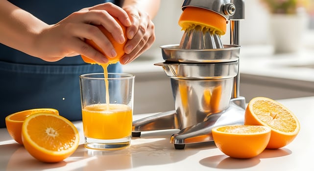 A person is squeezing orange juice from an orange juicer photo