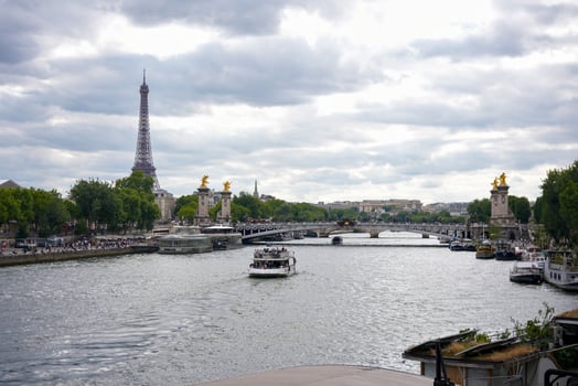 Paris day view of Eiffel Tower and Seine River with boats photo
