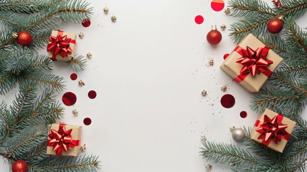 White background with a Christmas tree and four red boxes with bows on top. The boxes are decorated with bells and the tree is covered in red and green decorations photo