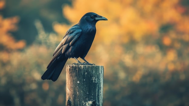 Raven perched on a wooden post. photo