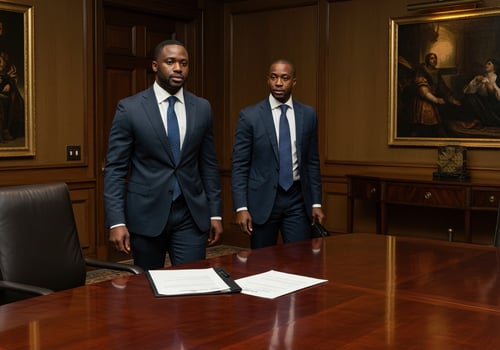 Two formally dressed businessmen stand in a classic boardroom, papers on the polished wooden table photo