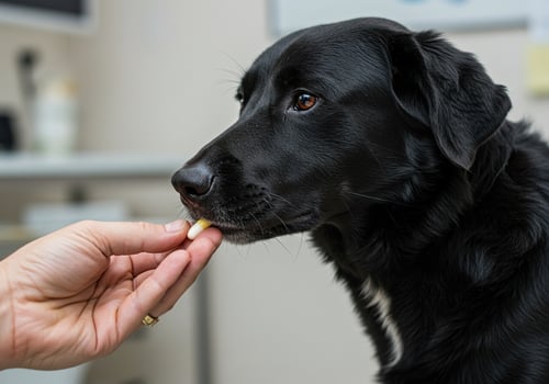 A black dog is being given a treat by a persons hand photo