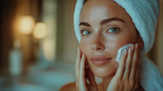 A woman with freckles on her face is using a towel to clean her face photo