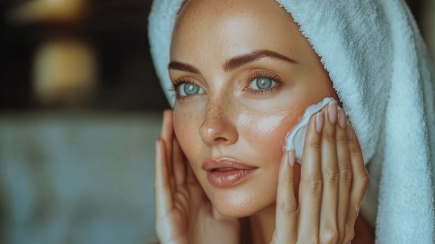 A woman with a towel on her head and a towel on her face photo
